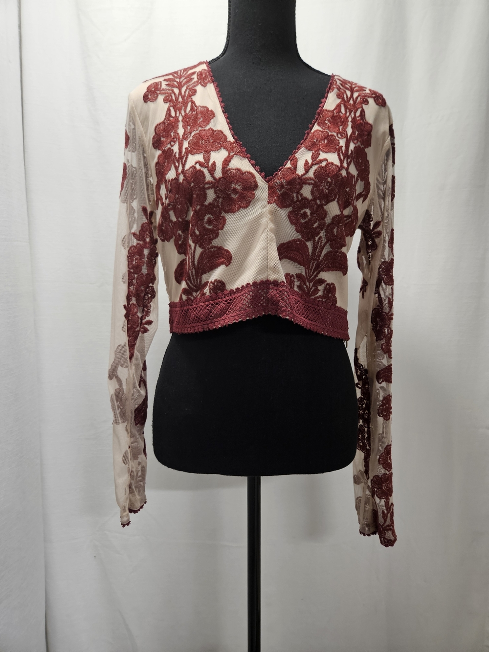 Altar’d State Burgundy Floral Embroidered Mesh Crop Top Size L